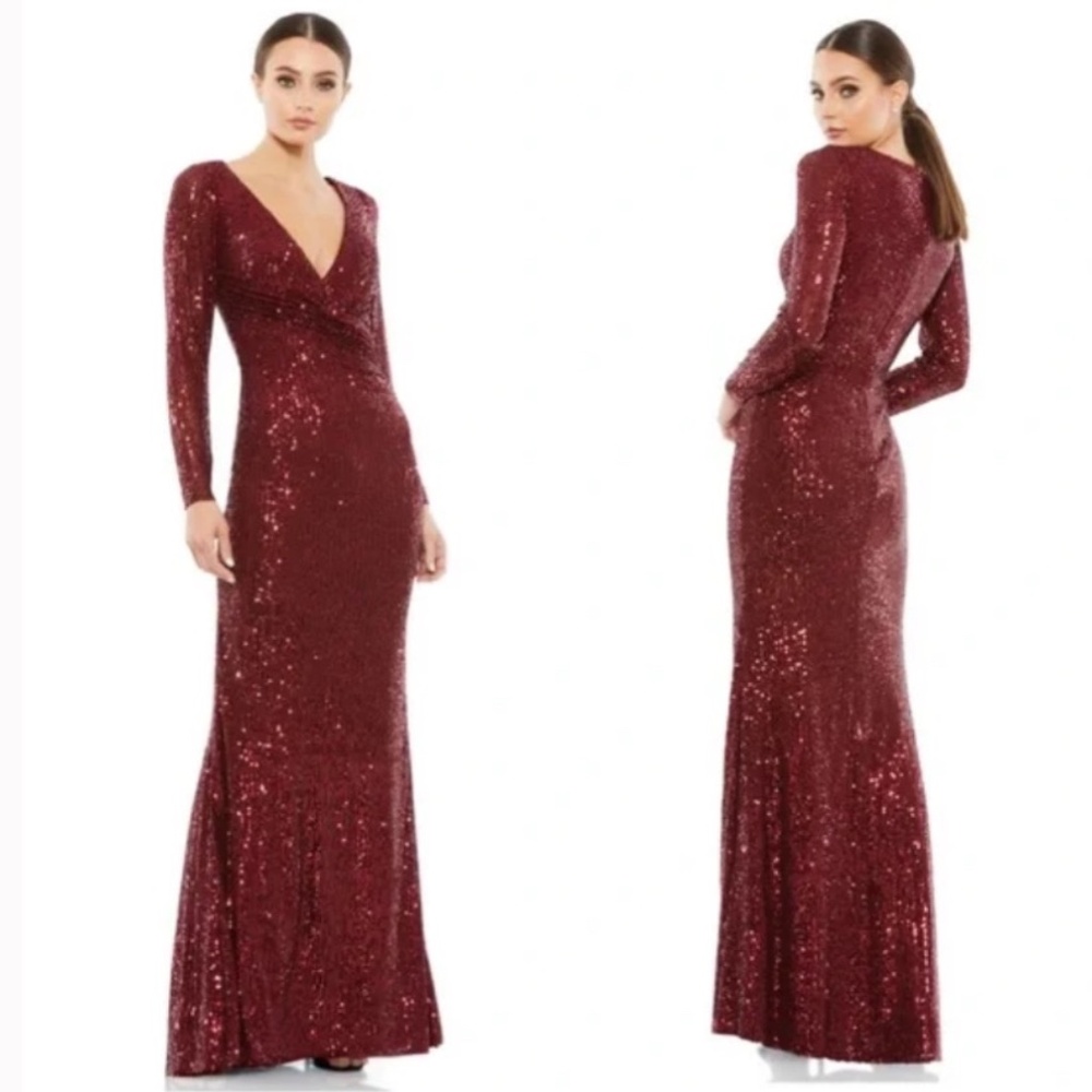 Ieena Mac Duggal NWT Sequined Faux Wrap Long Sleeve Column Gown in Wine Sz 8